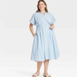 Ava & Viv Blue White Pinstripe Button Front Shirt Short Sleeve Midi Dress 3X NWT